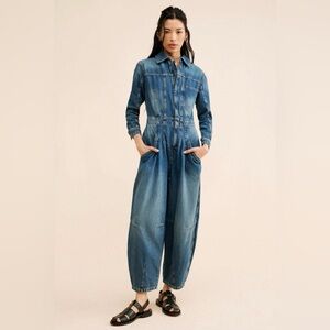 Free People Washed Blue Denim Jumpsuit